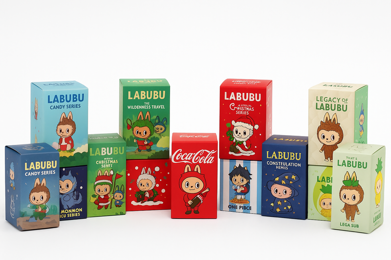 Toutes les blinds boxs labubu réunis en arc de cercle présenté