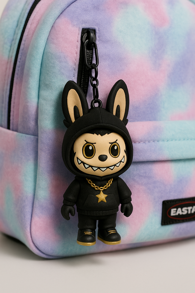 Porte-clé Labubu noir, fixé sur la sangle d'un sac à dos tie dye pastel.