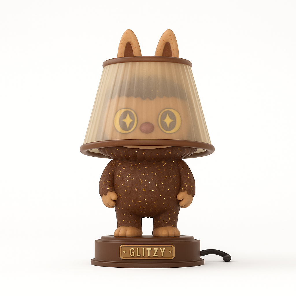 Figurine de collection "Glitzy" – monstre marron à paillettes dorées partiellement caché sous un abat-jour translucide, avec grands yeux visibles, socle personnalisé et design unique de la série The Monster Almost Hidden Series.