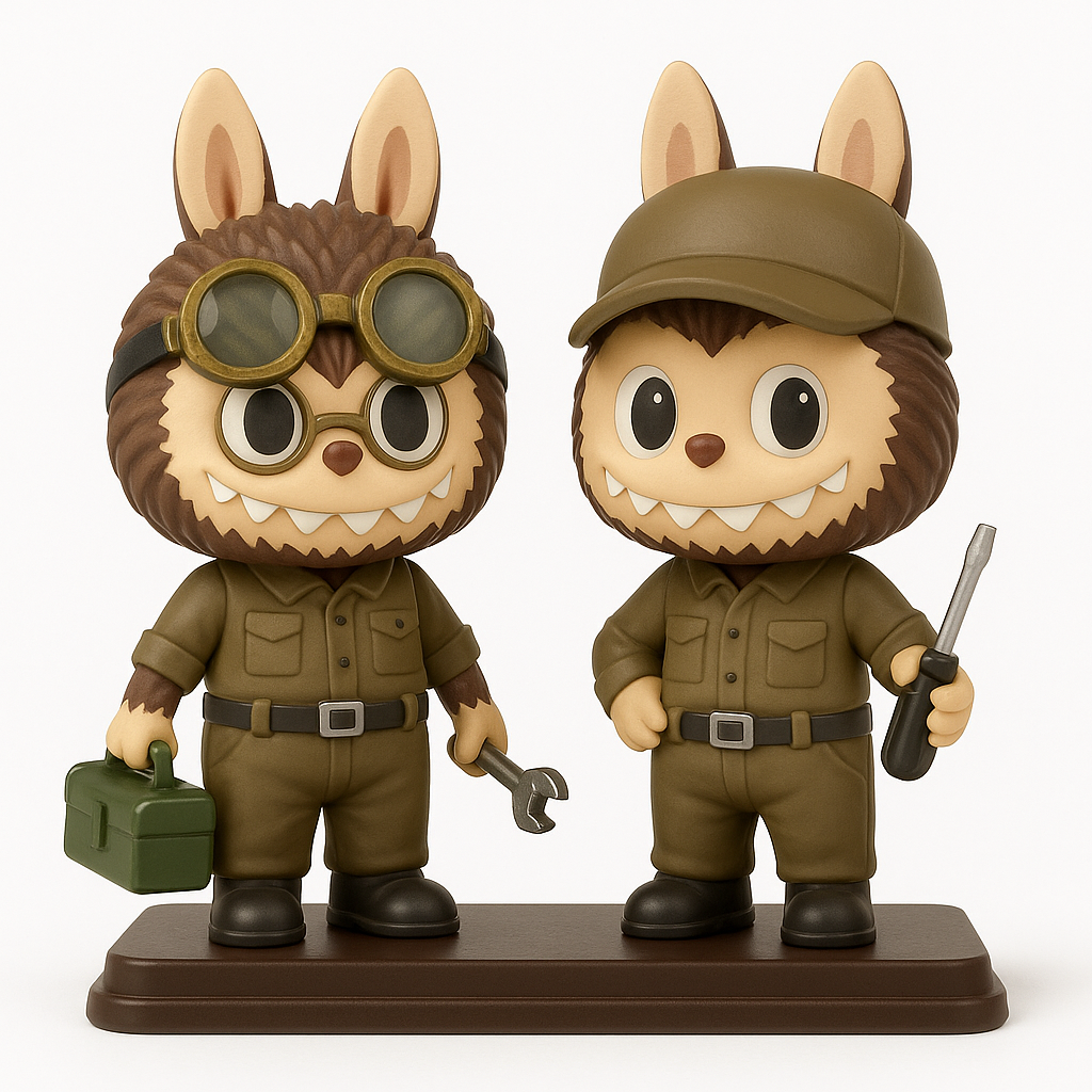 Duo de figurines Labubu The Monsters x Kow Yokoyama Ma.K., en tenue de mécano rétro-futuriste avec lunettes d’aviateur, outils et mallette, sur socle de collection et fond blanc épuré.