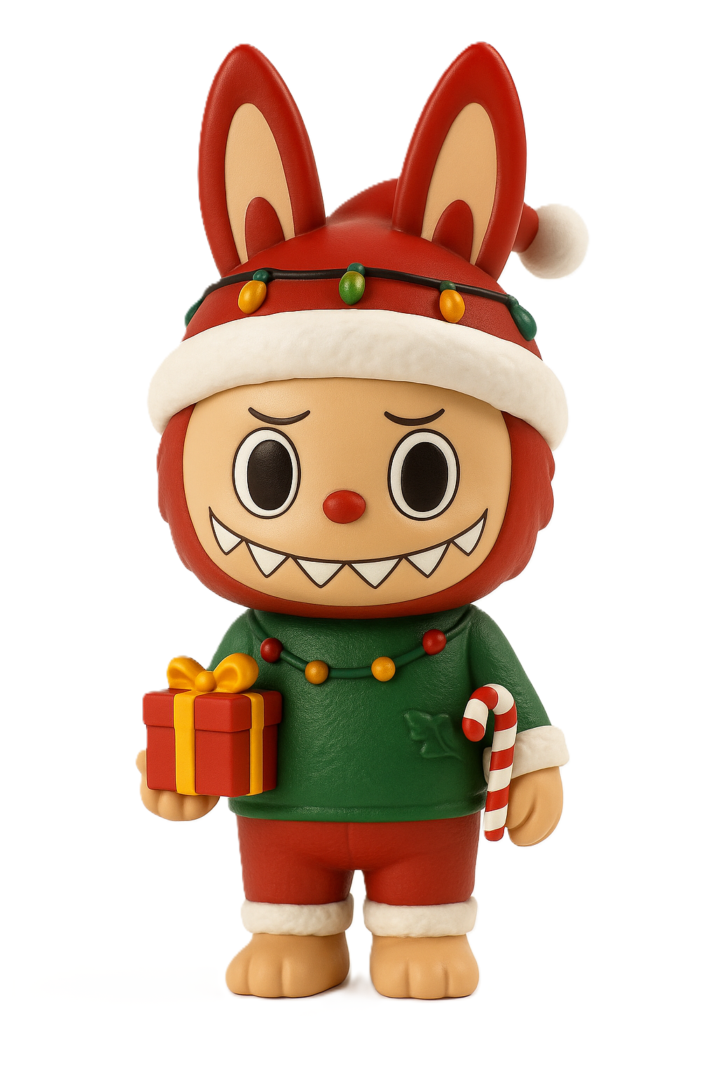 Figurines Labubu de la collection de Noël The Monsters Let's Christmas devant un sapin.