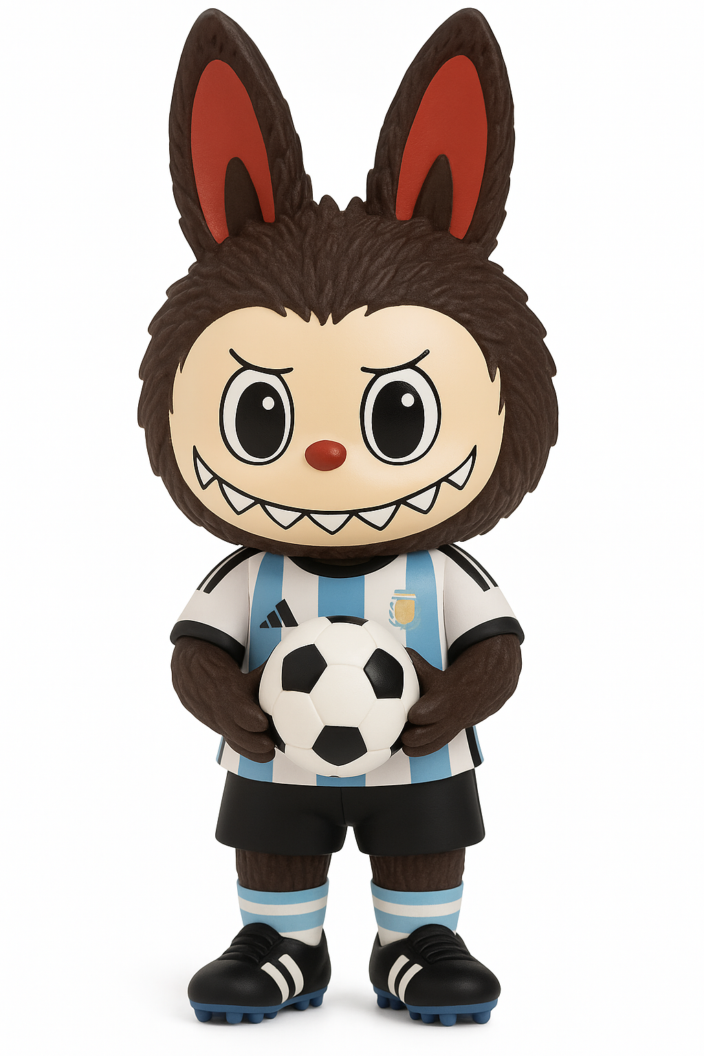 Figurines Labubu déguisées en joueurs de l'équipe d'Argentine de football avec le maillot Albiceleste.