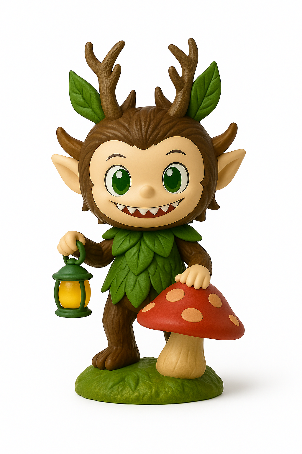 Figurine Labubu déguisée en forêt, tenant une flampe et l'autre main posé sur un champignon.